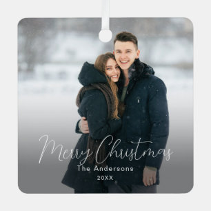 Modern Photo Merry Christmas Family Name Metal Tree Decoration