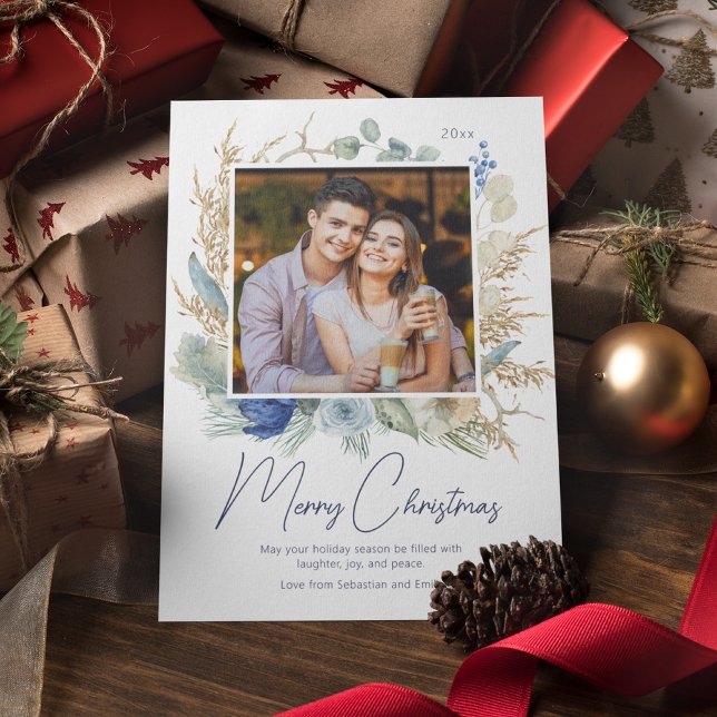 Modern Photo Merry Christmas Script Boho Floral (Creator Uploaded)