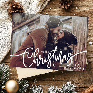 Modern Photo Merry Christmas Script Horizontal  Holiday Card