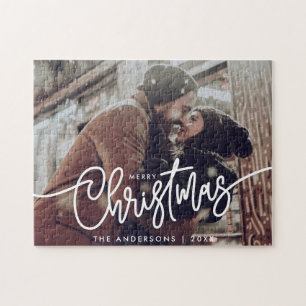 Modern Photo Merry Christmas Script Horizontal Jigsaw Puzzle