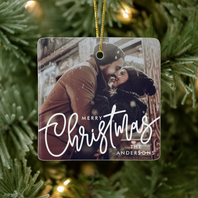 Modern Photo Merry Christmas Script Trendy Couple Ceramic Ornament (Tree)