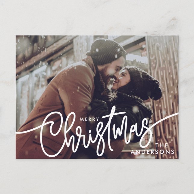 Modern Photo Merry Christmas Script Trendy Couple Holiday Postcard (Front)