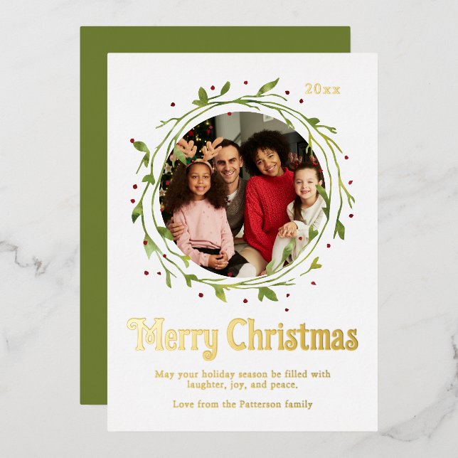 Modern Photo Merry Christmas Script Wreath Foil Holiday Card (Front/Back)