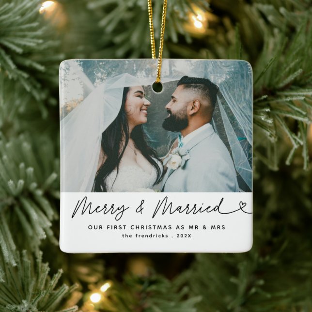 Modern Photo Merry & Married Newlywed Christmas  Ceramic Ornament (Tree)