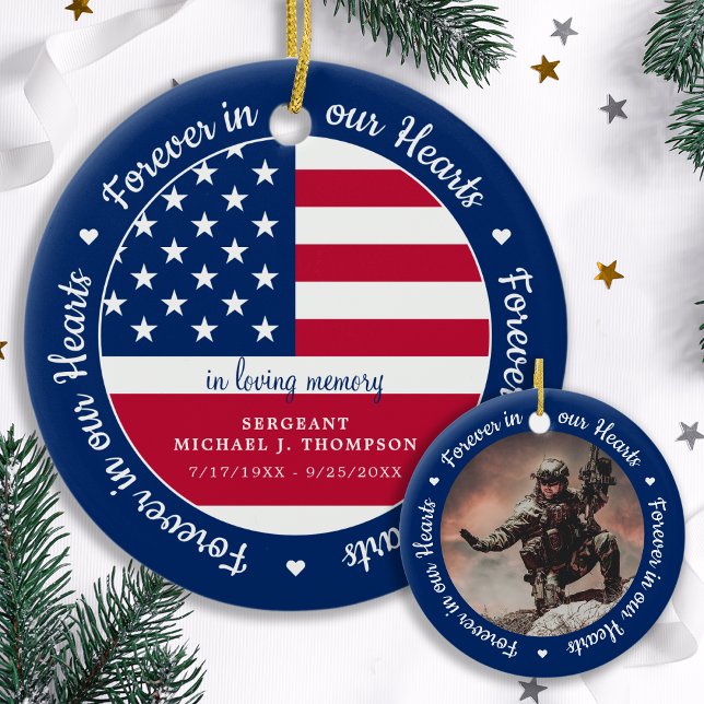 Modern Photo Military Veteran USA Flag Memorial Ceramic Tree Decoration (Creator Uploaded)