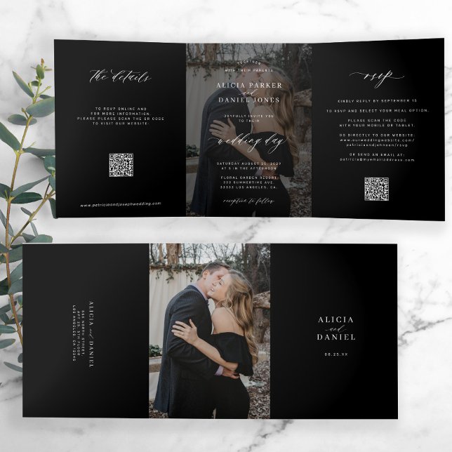 Modern photo minimalist black wedding all in one Tri-Fold announcement (Creator Uploaded)