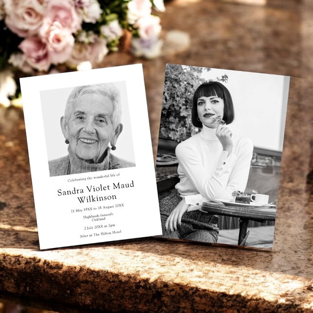Modern photo minimalist celebration of life  invitation (minmal funeral announcment , with two photo , invite friends and family to your loved ones memorial )