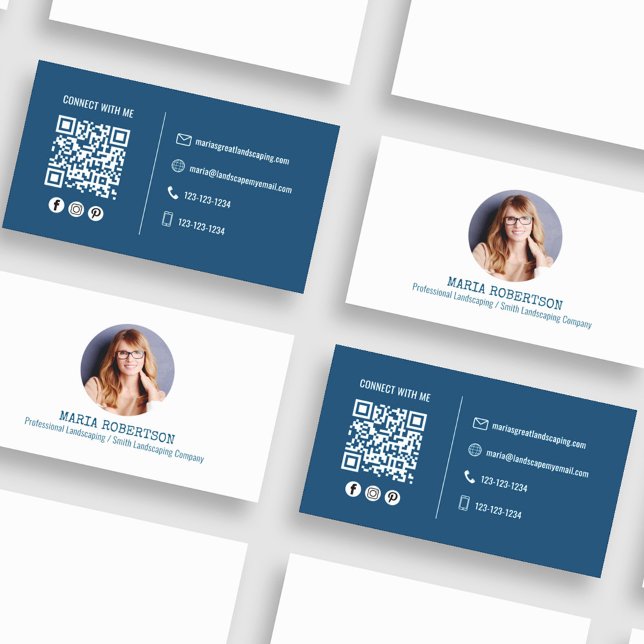 Modern Photo Minimalist QR Code Social Media Business Card (Simple and minimalist blue and white business card. )