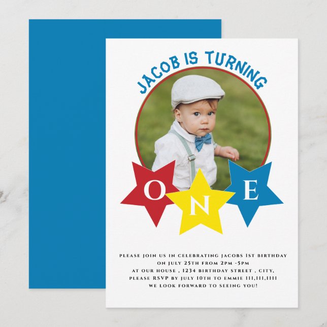 Modern photo minimlistic 1st birthday  invitation (Front/Back)