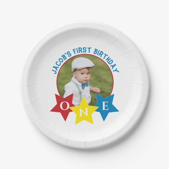 Modern photo minimlistic 1st birthday  paper plate (Front)