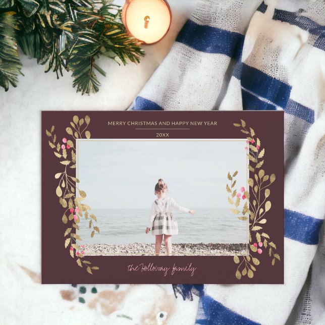 Modern photo mistletoe Christmas gold frame red Holiday Card (Modern photo mistletoe Christmas gold frame red Holiday Card)