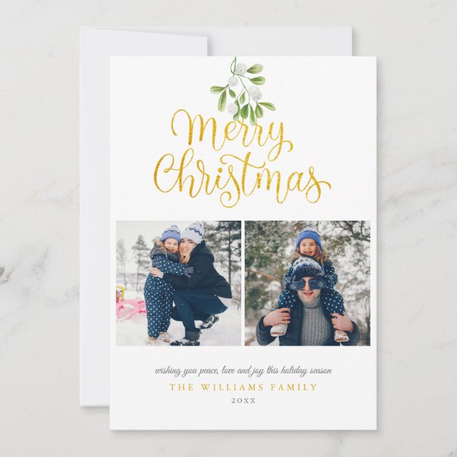 Modern Photo Mistletoe Gold Script Christmas Holiday Card (Front)