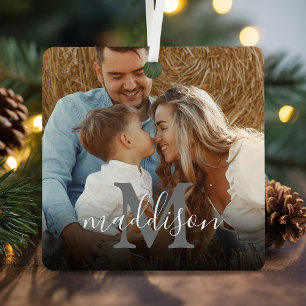 Modern Photo Monogram Name Christmas Metal Tree Decoration