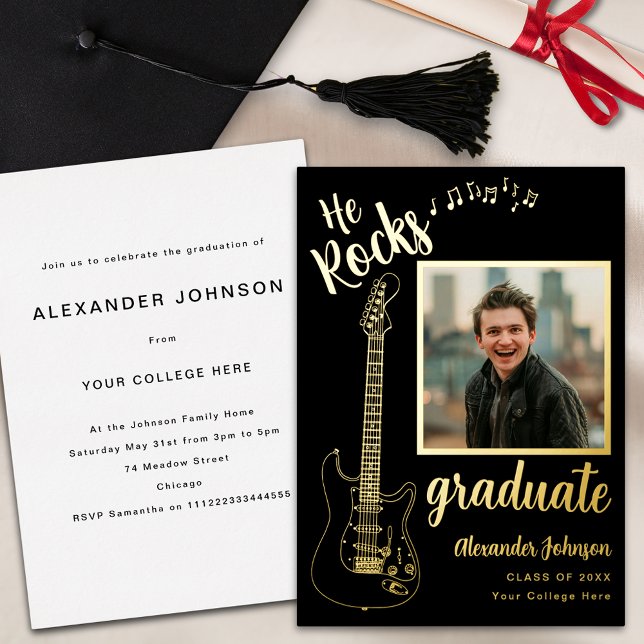 Modern Photo Music Graduation Party Black and Gold (Modern graduate photo cool minimalist electric guitar gold foil script black Graduation party invite)