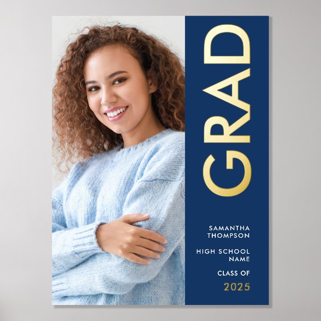 Modern Photo Name Class of 2025 Graduation Navy Foil Prints (Front)