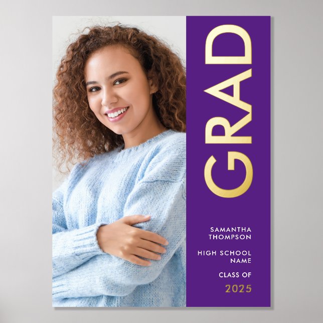 Modern Photo Name Class of 2025 Graduation Purple Foil Prints (Front)