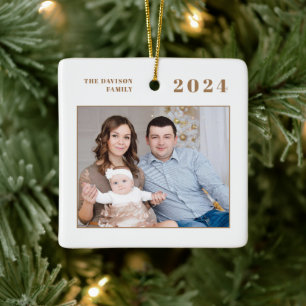 Modern Photo Name Gold Merry Christmas Ceramic Ornament