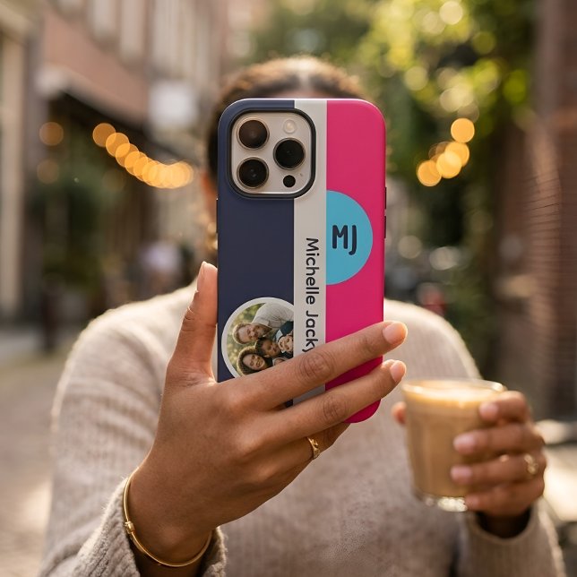Modern Photo Name Monogram Bold Colorblock iPhone Case (Creator Uploaded)