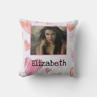 Modern Photo Name Watercolor Pink White Hearts Cushion