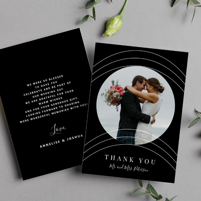 Modern photo names script black and white wedding  thank you card (Creator Uploaded)
