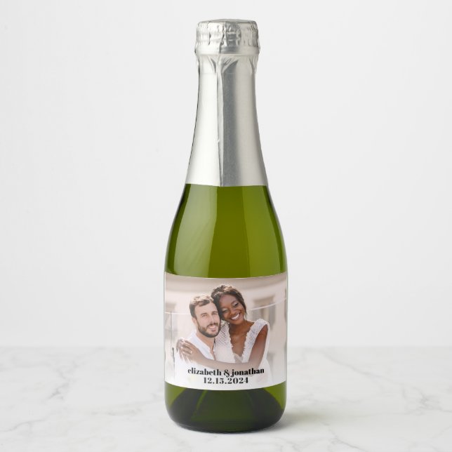 Modern Photo Names Wedding Date Custom Wedding Sparkling Wine Label (Front)
