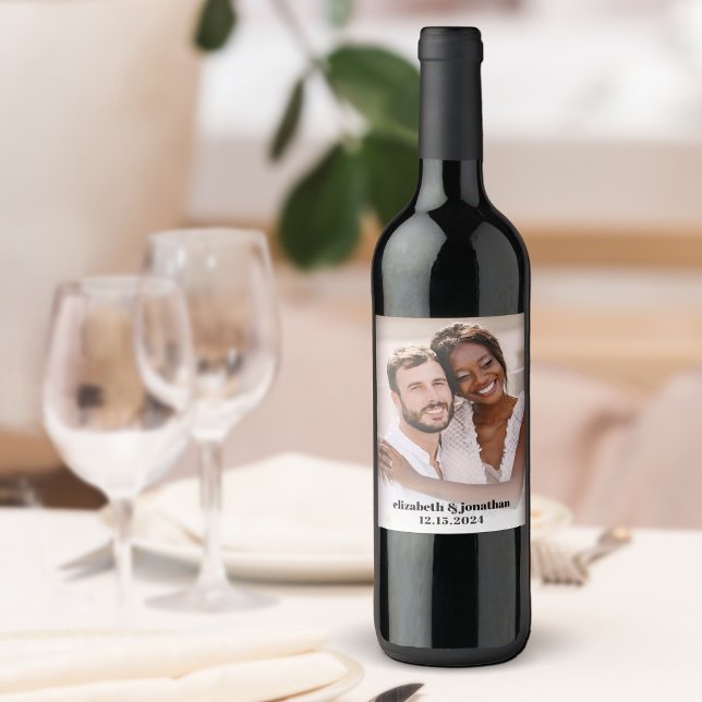 Modern Photo Names Wedding Date Custom Wedding Wine Label (Creator Uploaded)