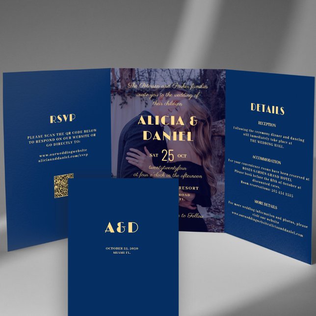 Modern photo navy and gold rsvp details wedding Tri-Fold invitation (Creator Uploaded)