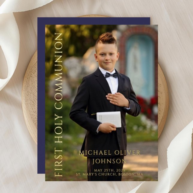 Modern Photo Navy Blue Boy First Communion Gold (Modern Photo Blue Boy First Holy Communion Gold Foil Invitation)