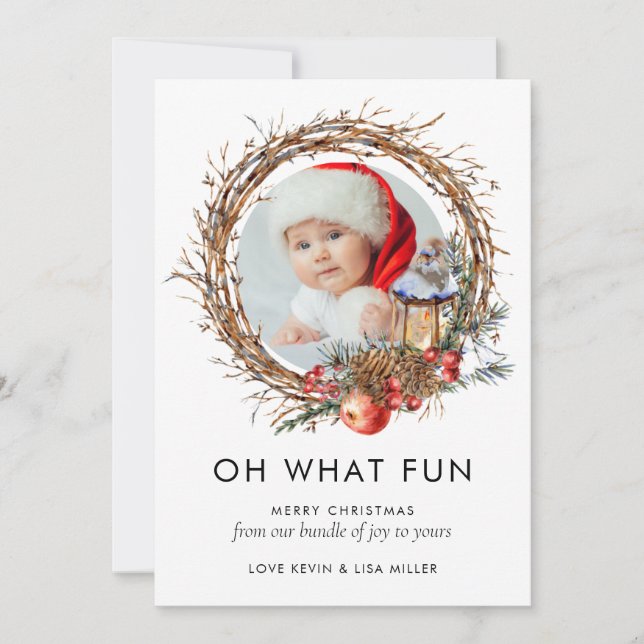 Modern Photo New Baby Family Christmas Wreath Holiday Card (Front)