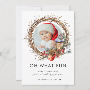 Modern Photo New Baby Family Christmas Wreath Holiday Card
