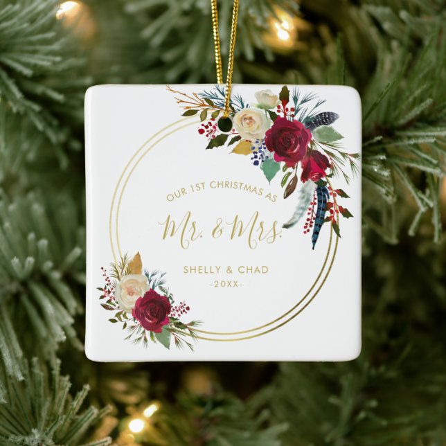 Modern Photo Newlywed Elegant Our First Christmas Ceramic Ornament (Tree)