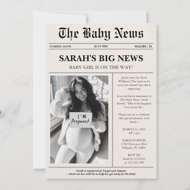 Modern Photo Newspaper Baby Shower Invitation (Front)