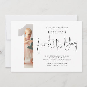 Modern Photo Number One Shape 1st Birthday Invitation