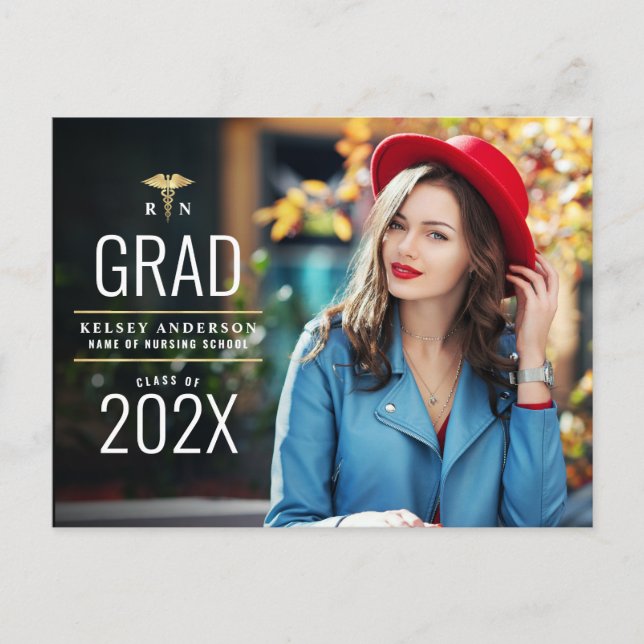 Modern photo nursing school grad announcement postcard (Front)
