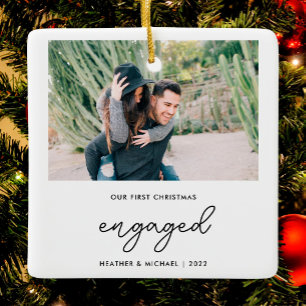 Modern Photo Our First Christmas Engaged Ceramic Ornament