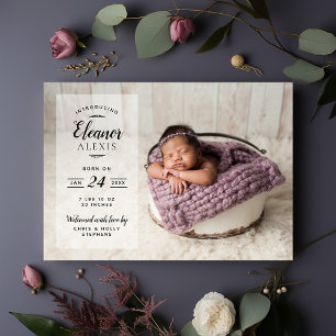 Modern Photo Overlay Baby Girl Birth Announcement