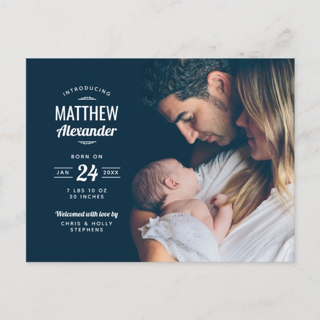 Modern Photo Overlay Birth Announcement Postcard (Front)