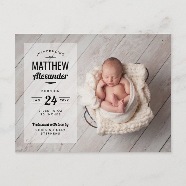 Modern Photo Overlay Birth Announcement Postcard (Front)