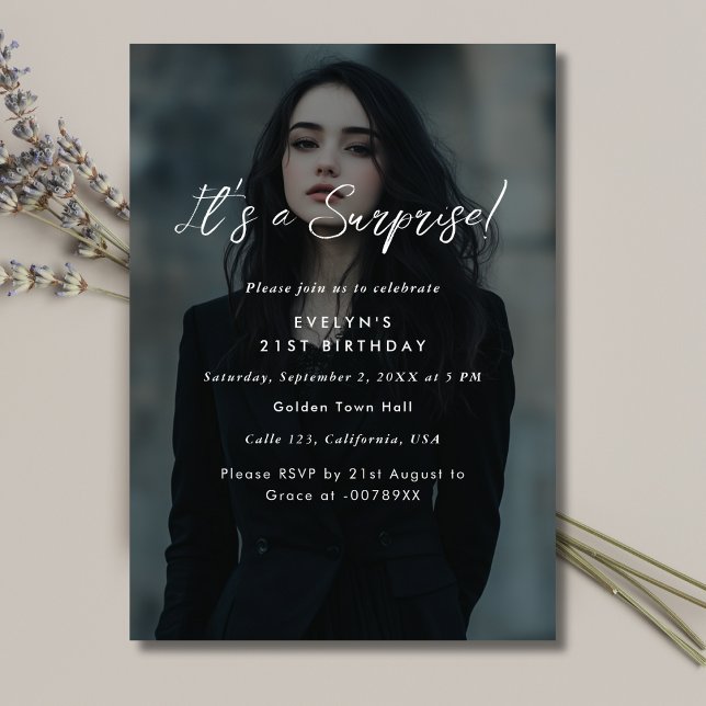 Modern Photo Overlay Birthday Surprise Party Invitation (Creator Uploaded)