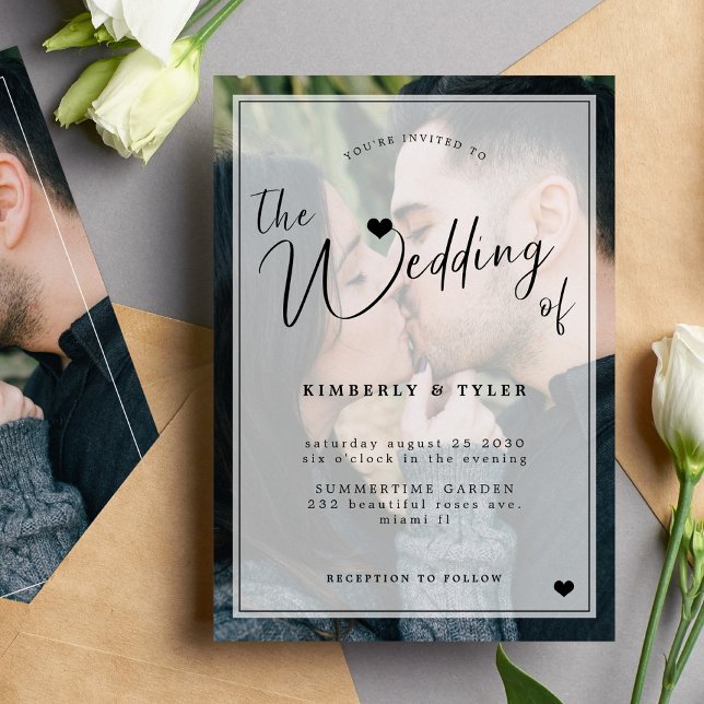 Modern photo overlay black white wedding invitation (Creator Uploaded)