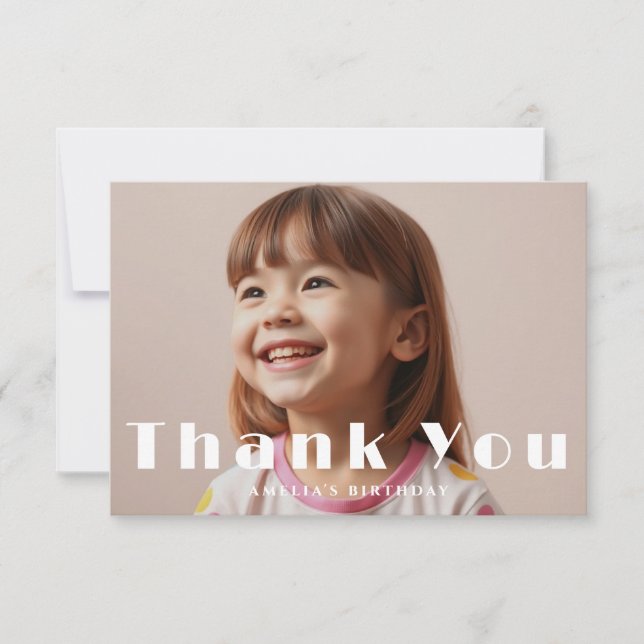 Modern Photo Overlay Bold Typography Kids Birthday Thank You Card (Front)