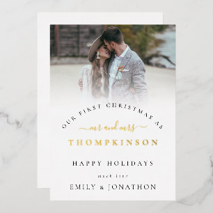 Modern Photo Overlay First Married Christmas  Foil Holiday Card