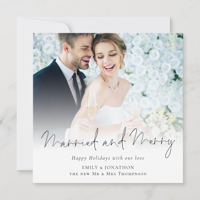 Modern Photo Overlay Married and Merry Christmas Holiday Card (Front)