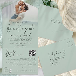 Modern Photo Overlay QR Code Sage Script Wedding All In One Invitation