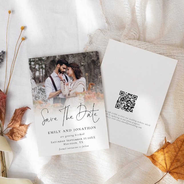 Modern Photo Overlay QR Code Script Wedding Save The Date (Front and back view)