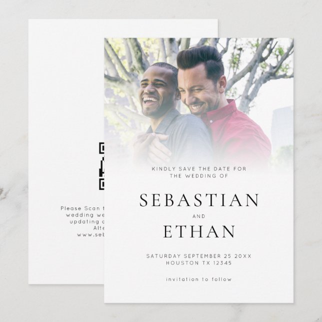 Modern Photo Overlay QR Gay Wedding Save The Date (Front/Back)