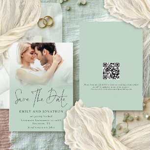 Modern Photo Overlay QR Sage Green Script Wedding Save The Date