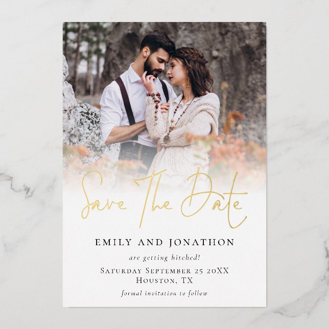 Modern Photo Overlay Real Foil Save The Date card (Front)