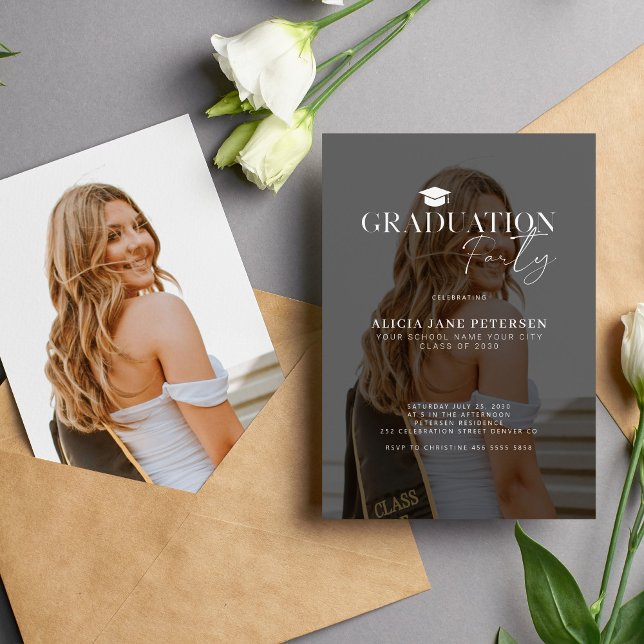Modern photo overlay script graduation party invitation (Creator Uploaded)