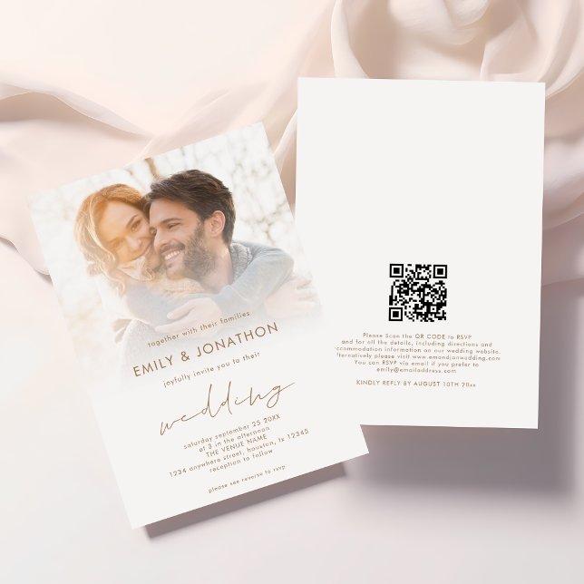 Modern Photo Overlay Script QR Code Wedding  Invitation (Front and back view)
